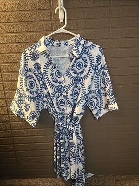 White & Blue Printed Shirt Dress with Tie Waist